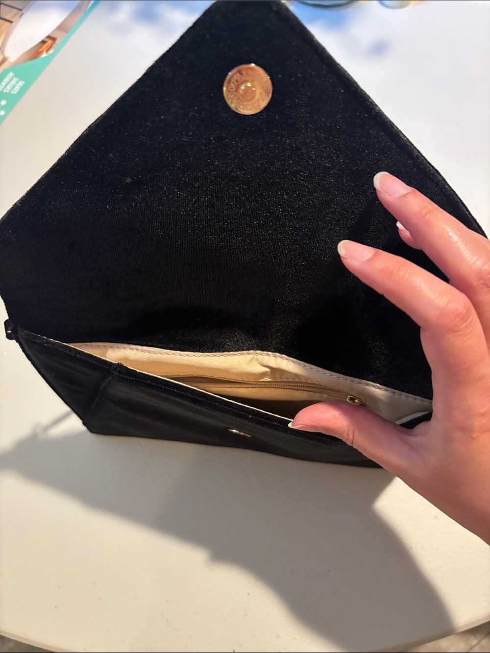 Black Velvet Evening Clutch with Gold Chain and Crystal Brooch - Picture 4 of 5